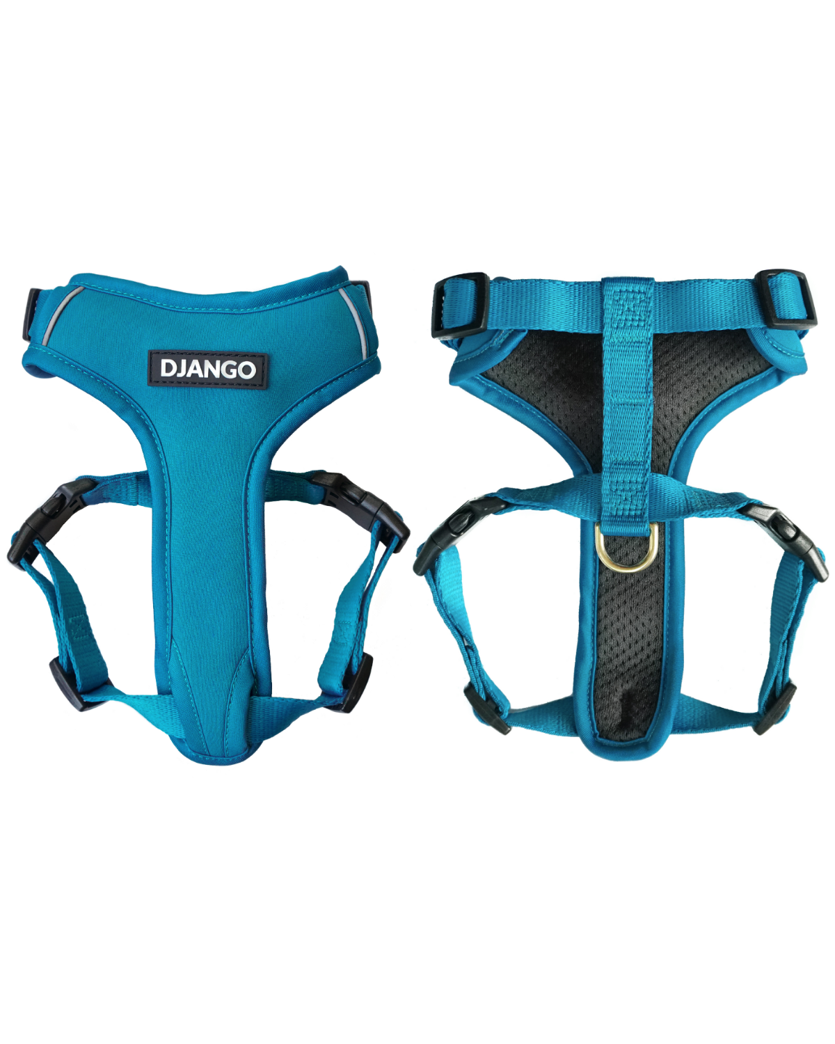 This premium Pacific Blue dog harness features a padded neoprene exterior, breathable mesh lining, and adjustable straps for ultimate comfort and security for small and medium dogs.