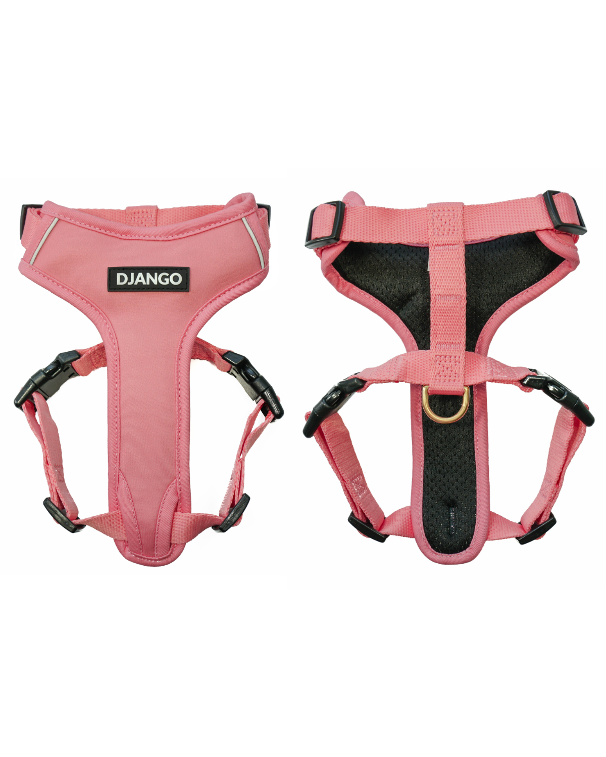 This Quartz Pink dog harness features a soft neoprene exterior, breathable mesh lining, and adjustable straps for a secure and comfortable fit.