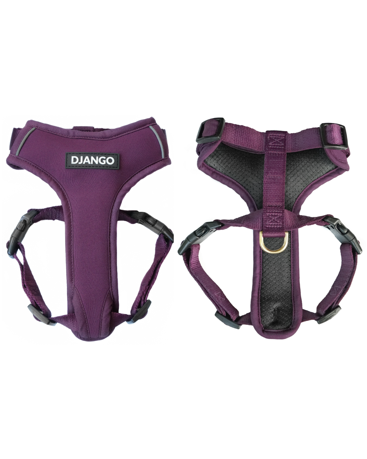 This premium Plum Purple dog harness is designed with a padded neoprene exterior and breathable mesh lining, ensuring comfort and durability for small and medium dogs.