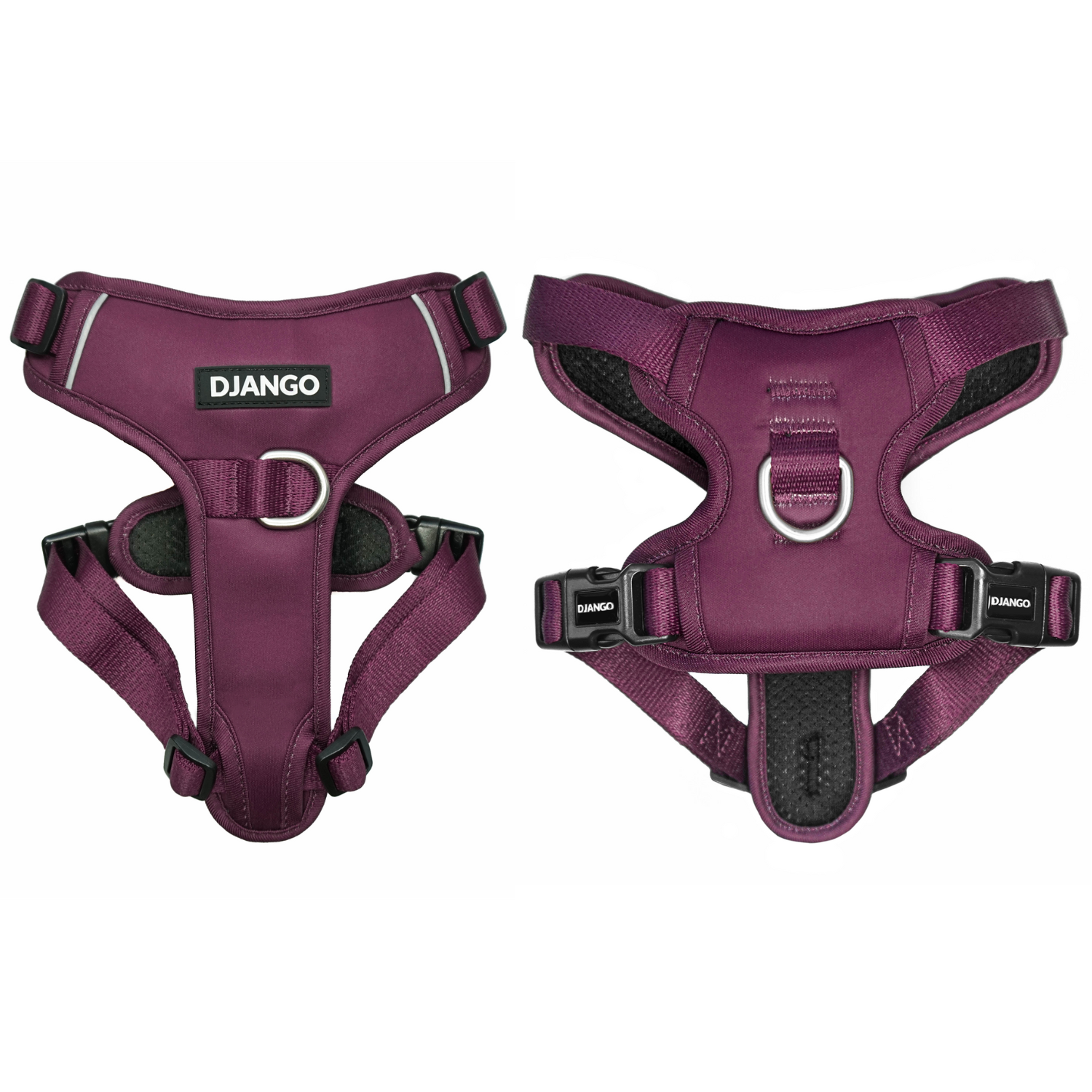 Premium padded adjustable reflective and comfortable purple no pull dog harness for small medium large XL and XXL dogs. Strong durable and designed for adventure and everyday wear