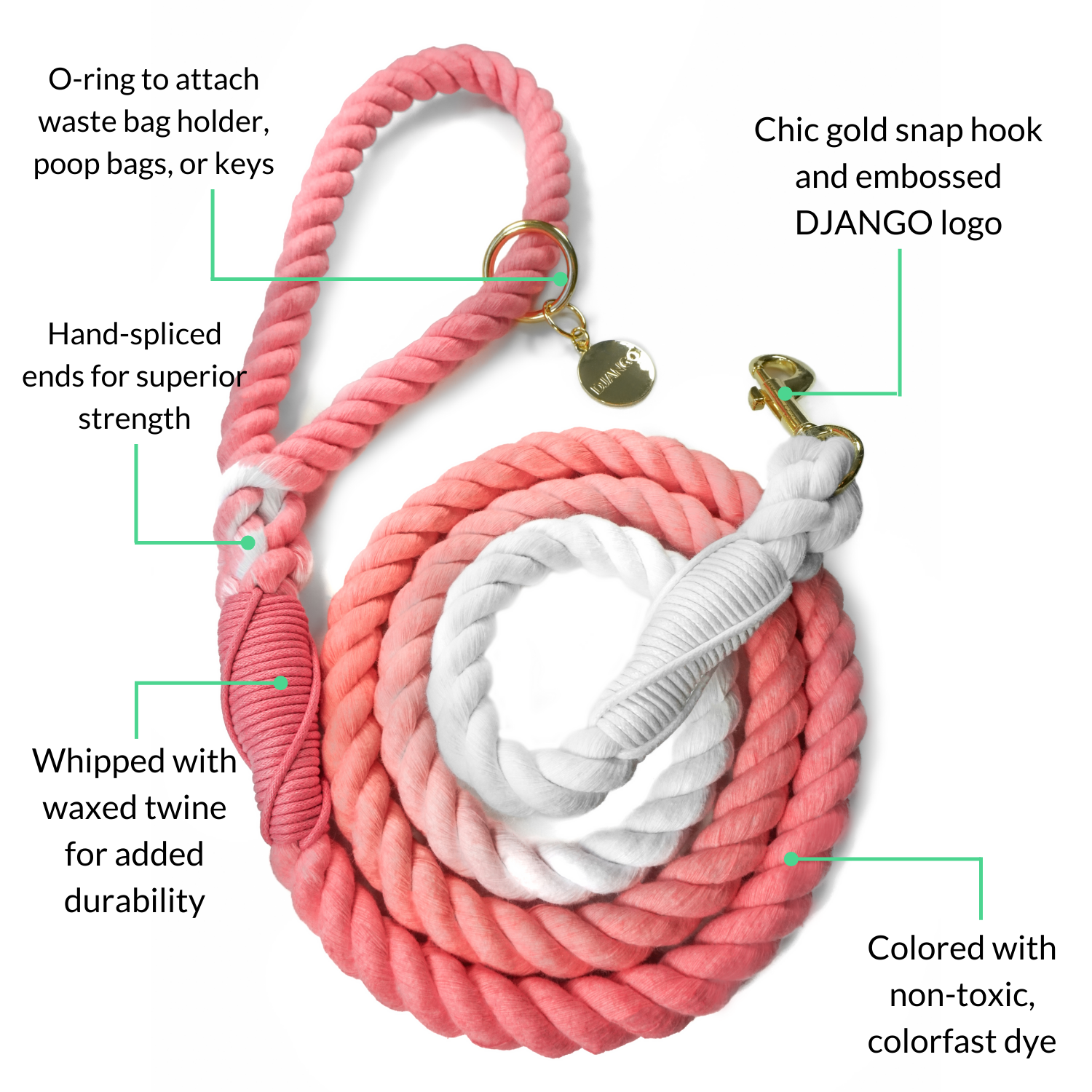 A durable and beautifully crafted cotton rope dog leash in pink ombre. Features secure whipping knots and premium metal clips.