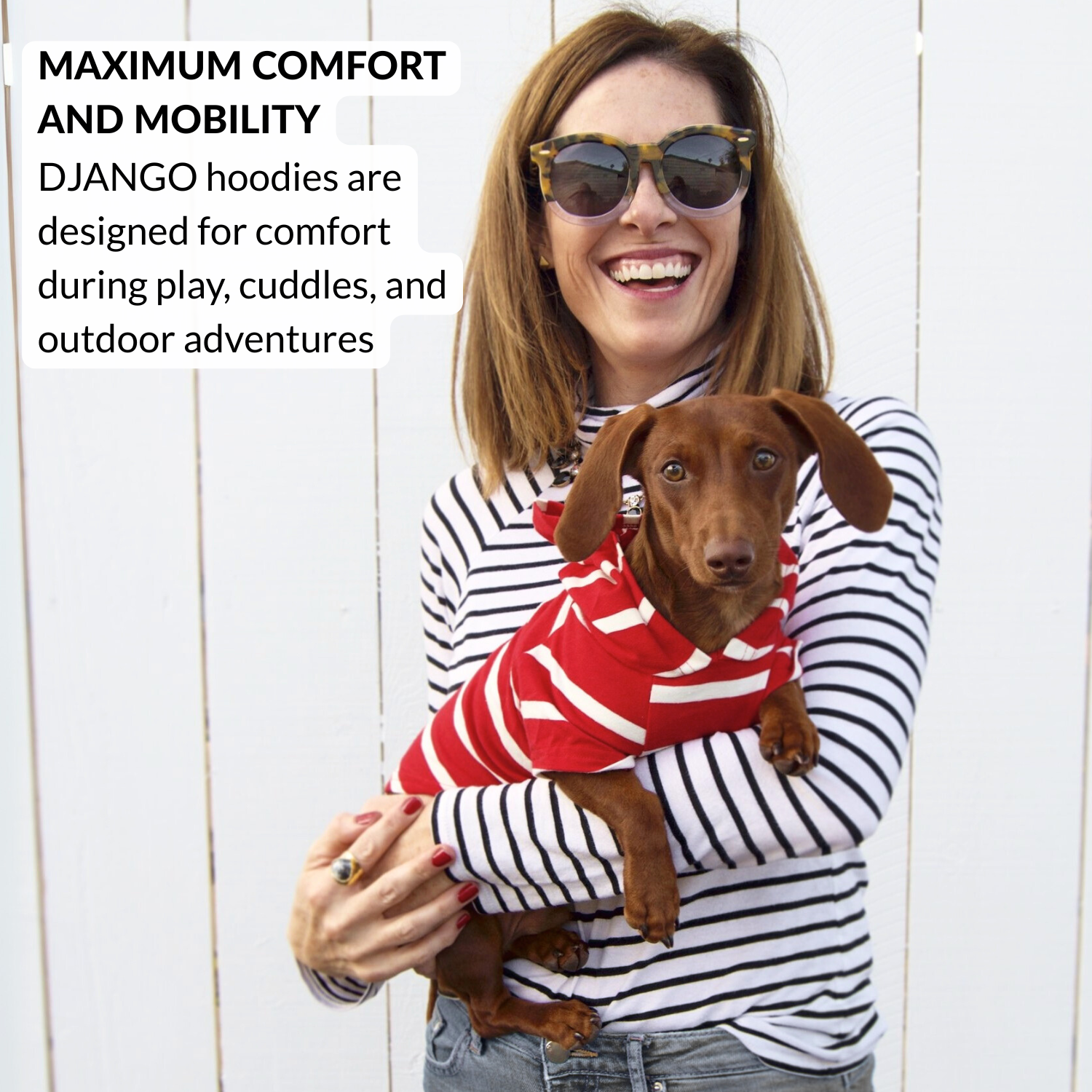 Woman holding a dog wearing a red and white striped hoodie with text about Django hoodies.