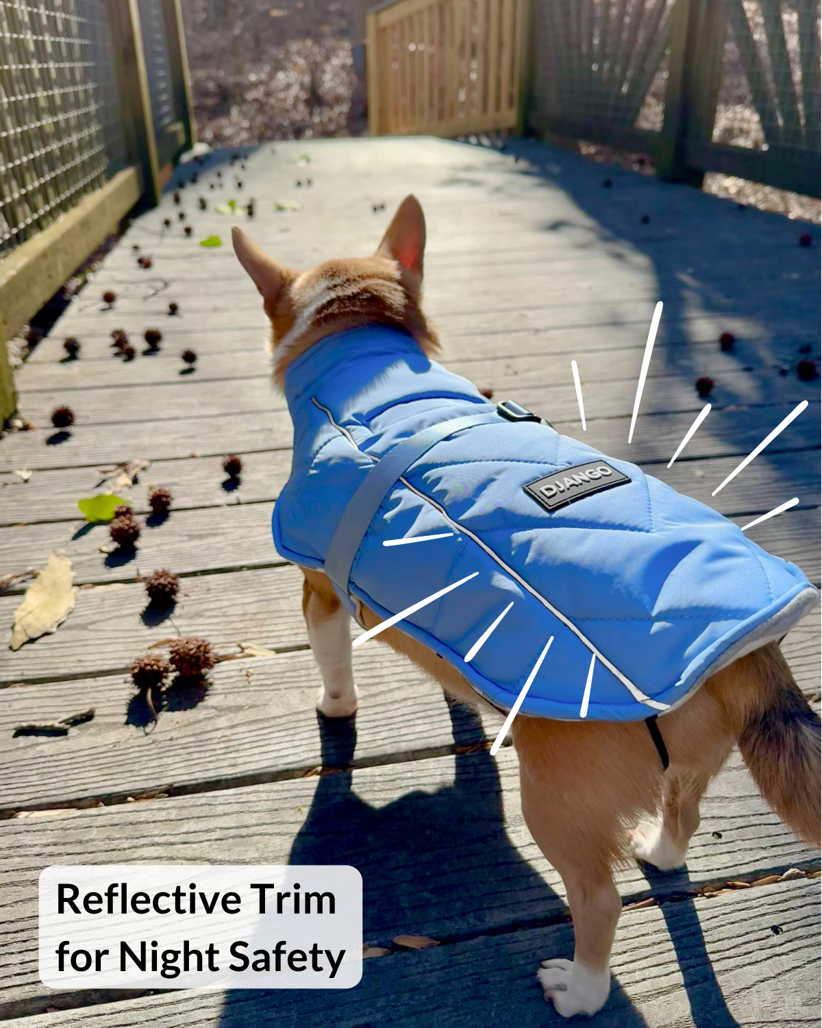 Close-up of reflective piping on DJANGO Whistler puffer coat for long dogs in Dusk Blue for nighttime dog safety.