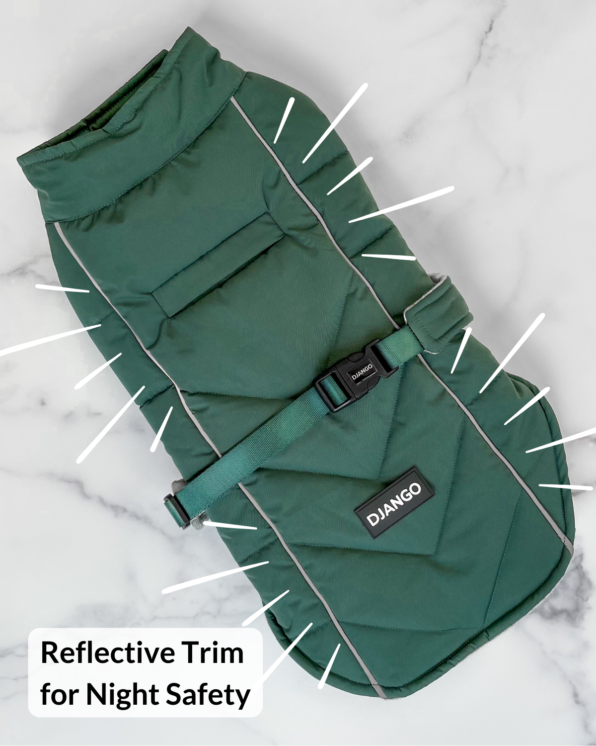 Green puffer dog coat with reflective trim on a marble background