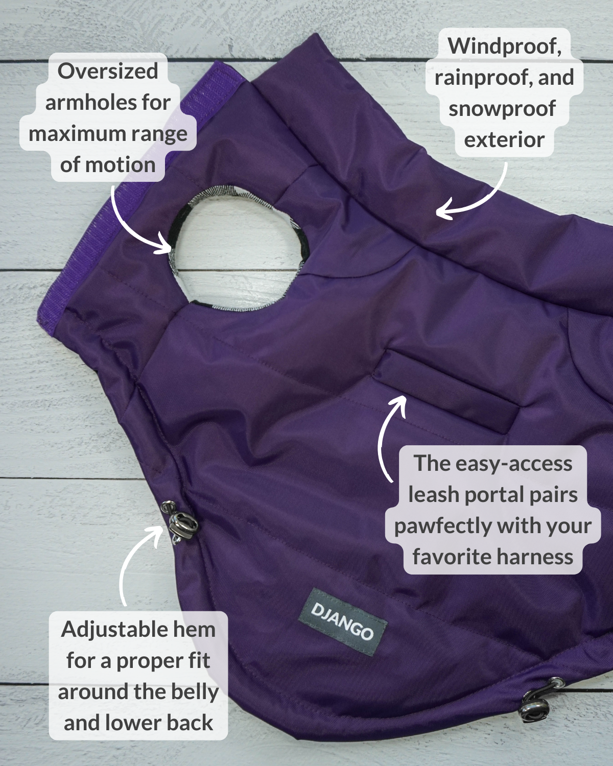 Adjustable Dog Jacket with Harness Hole: DJANGO's purple winter coat for small and medium-sized dogs includes adjustable straps for a perfect fit and a convenient harness hole for easy leash attachment.