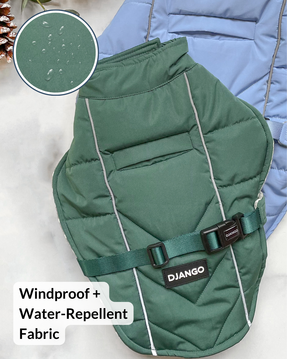 Green dog coat with water-repellent fabric feature and 'DJANGO' branding.