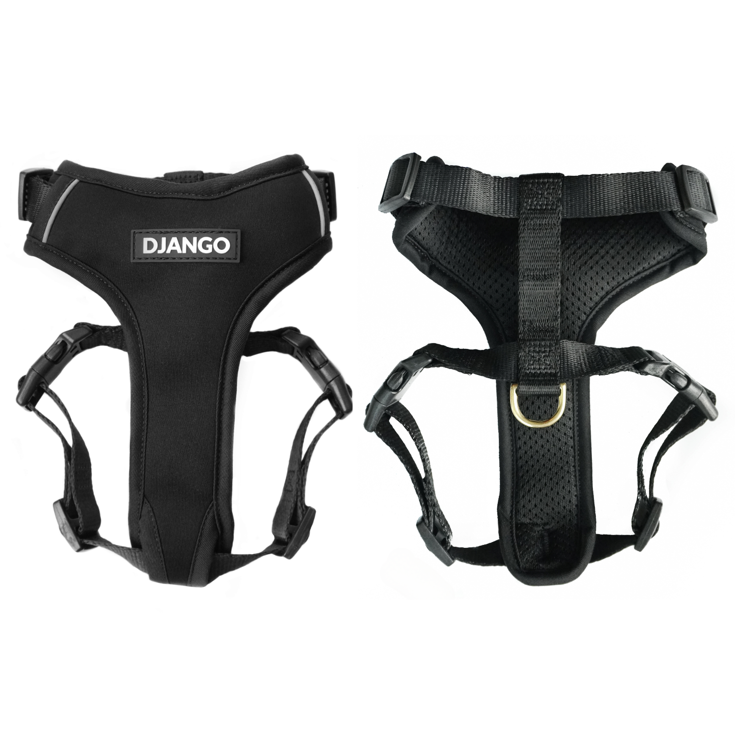DJANGO Adventure Cat Harness in Black shown from the front and back on a white background.