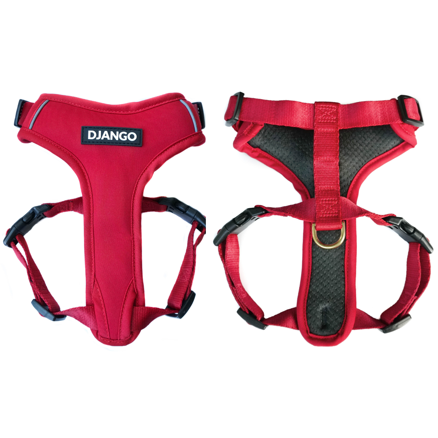 DJANGO Adventure Cat Harness in Crimson Red shown from the front and back.