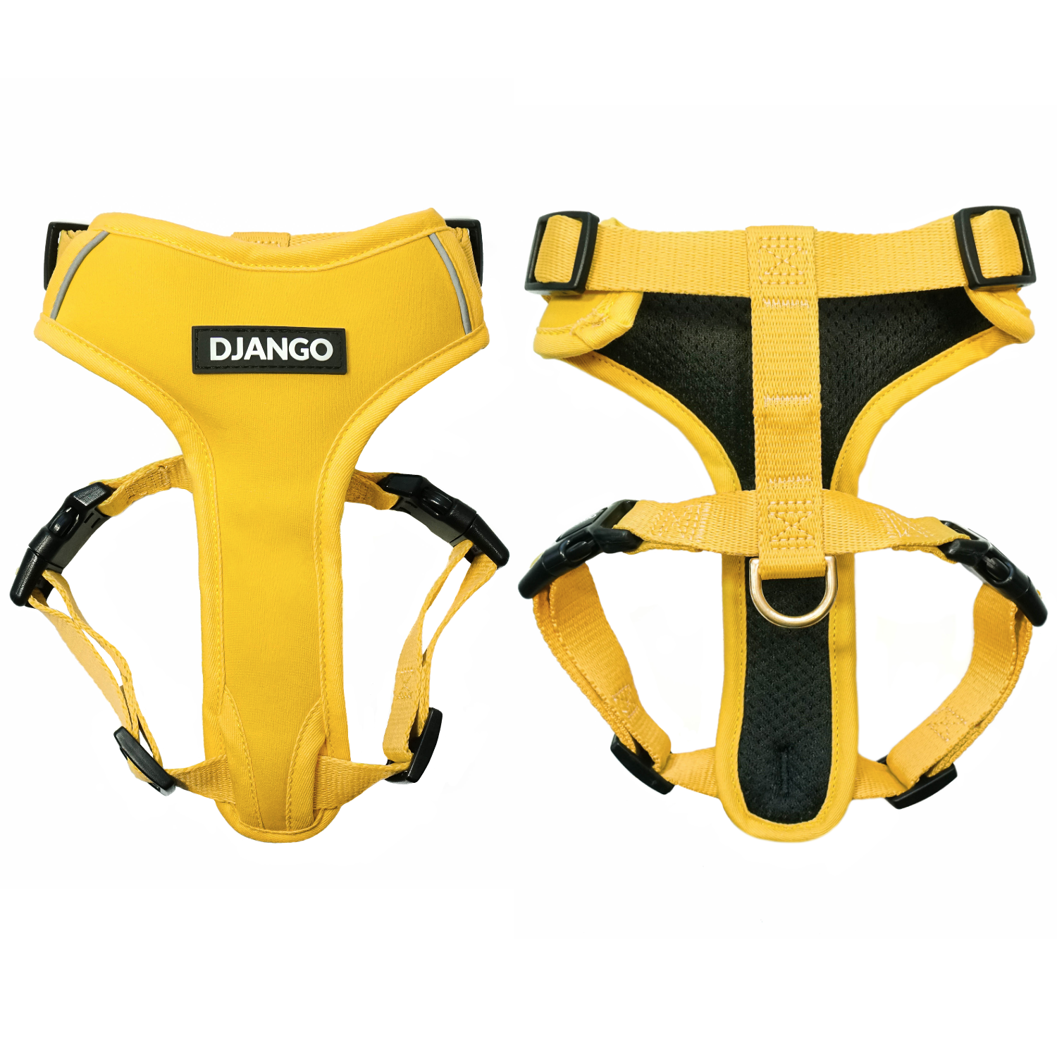 DJANGO Adventure Cat Harness in Dandelion Yellow shown from the front and back.