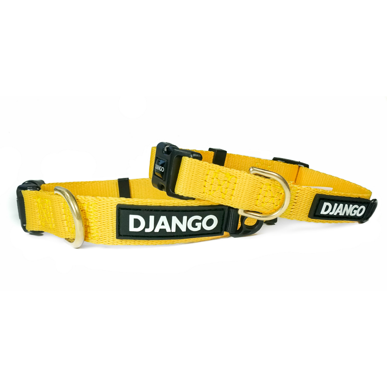 Dandelion yellow DJANGO Adventure Dog Collar with a strong brass D-ring for leash attachment, providing a secure and stylish fit for small and medium dogs.

