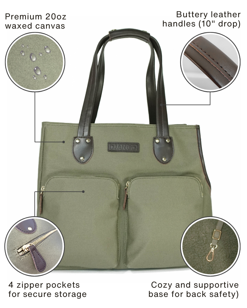 Olive green dog carrier tote bag with features highlighted on a white background
