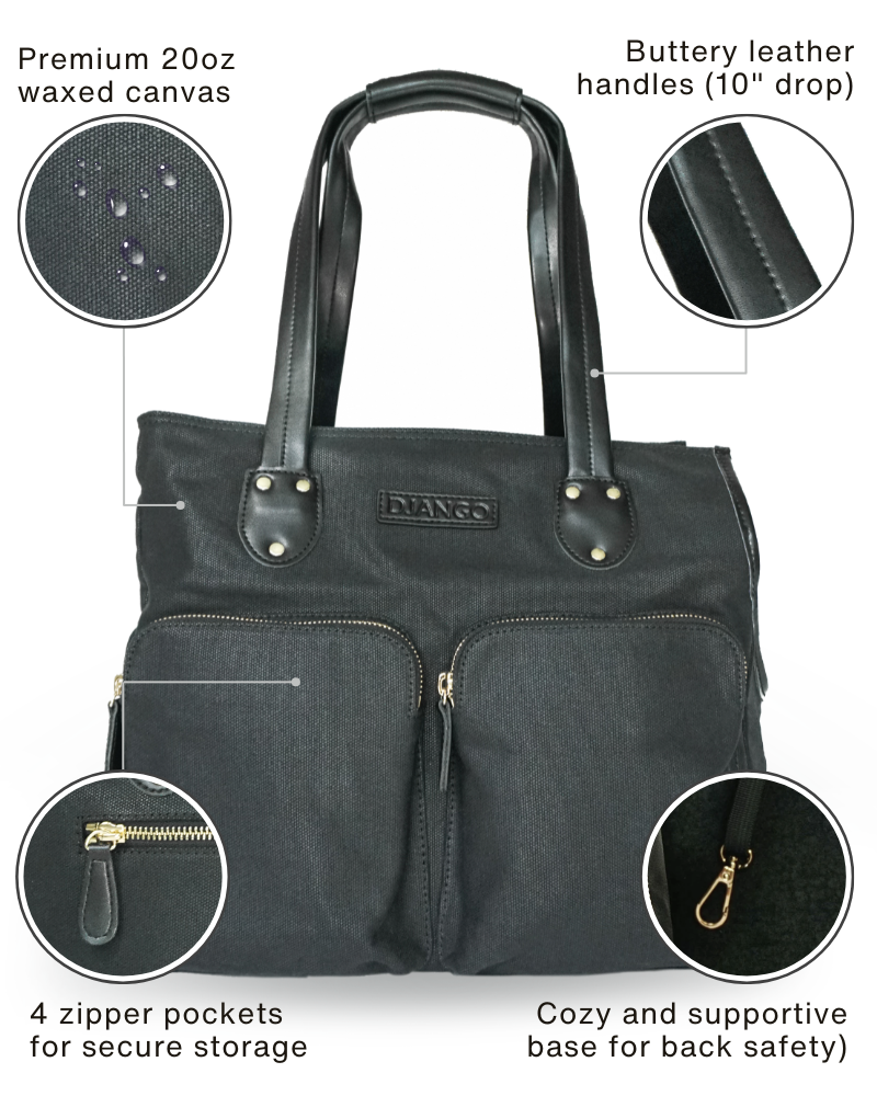 Black waxed canvas dog carrier tote bag and designer pet purse with features highlighted on a white background