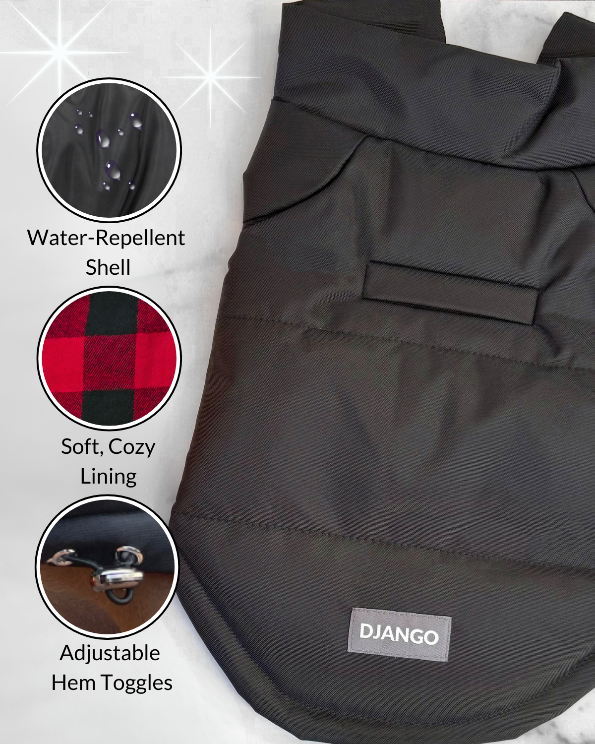 Back of puffer dog coat showing easy-access harness hole for leash attachment, DJANGO logo, and premium stitching with callouts for water-repellent shell, soft and cozy lining, and adjustable hem toggles