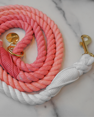 DJANGO Quartz Pink Cotton Rope Dog Leash - You and your dog will be the most stylish ones on the sidewalk with this handcrafted and hand-dyed green ombré cotton rope leash. Crafted from soft and flexible three-strand natural cotton rope, the rope leashes are hand-spliced and the ends whipped, resulting in an incredibly strong yet effortlessly chic and comfortable dog lead. Gold hardware adds additional sophistication to the stylish dog lead. Leash length measures 5 feet (152 cm) - djangobrand.com