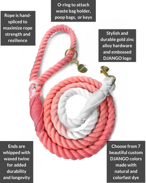 DJANGO Quartz Pink Cotton Rope Dog Leash - You and your dog will be the most stylish ones on the sidewalk with this handcrafted and hand-dyed green ombré cotton rope leash. Crafted from soft and flexible three-strand natural cotton rope, the rope leashes are hand-spliced and the ends whipped, resulting in an incredibly strong yet effortlessly chic and comfortable dog lead. Gold hardware adds additional sophistication to the stylish dog lead. Leash length measures 5 feet (152 cm) - djangobrand.com