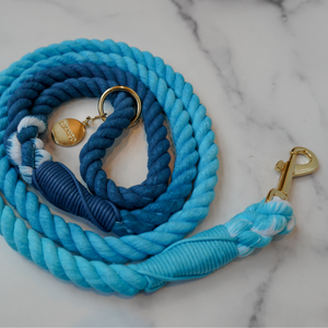 DJANGO Pacific Blue Cotton Rope Dog Leash - You and your dog will be the most stylish ones on the sidewalk with this handcrafted and hand-dyed green ombré cotton rope leash. Crafted from soft and flexible three-strand natural cotton rope, the rope leashes are hand-spliced and the ends whipped, resulting in an incredibly strong yet effortlessly chic and comfortable dog lead. Gold hardware adds additional sophistication to the stylish dog lead. Leash length measures 5 feet (152 cm) - djangobrand.com