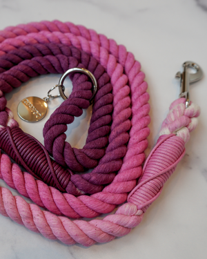 DJANGO Raspberry Purple Cotton Rope Dog Leash - You and your dog will be the most stylish ones on the sidewalk with this handcrafted and hand-dyed green ombré cotton rope leash. Crafted from soft and flexible three-strand natural cotton rope, the rope leashes are hand-spliced and the ends whipped, resulting in an incredibly strong yet effortlessly chic and comfortable dog lead. Silver hardware adds additional sophistication to the stylish dog lead. Leash length measures 5 feet (152 cm) - djangobrand.com