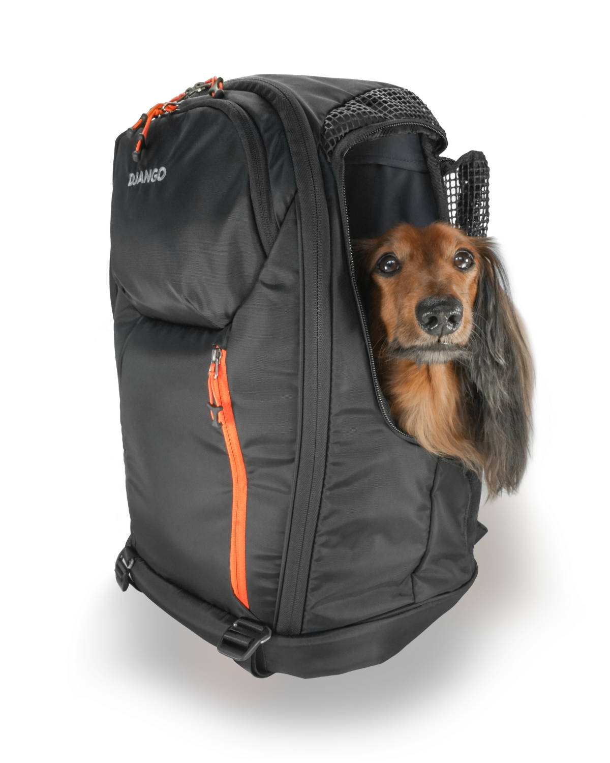 The DjangoPack™ Dog Carrier Backpack is a modern, trail-tested, and spacious pet carrier backpack designed to comfortably hold dogs and cats up to 20 lbs. Pet-friendly features include large mesh panels, dual side windows that secure back, and a sturdy pet bed. Premium YKK locking zippers and a backpack-to-harness leash ensure your pet’s safety and security.