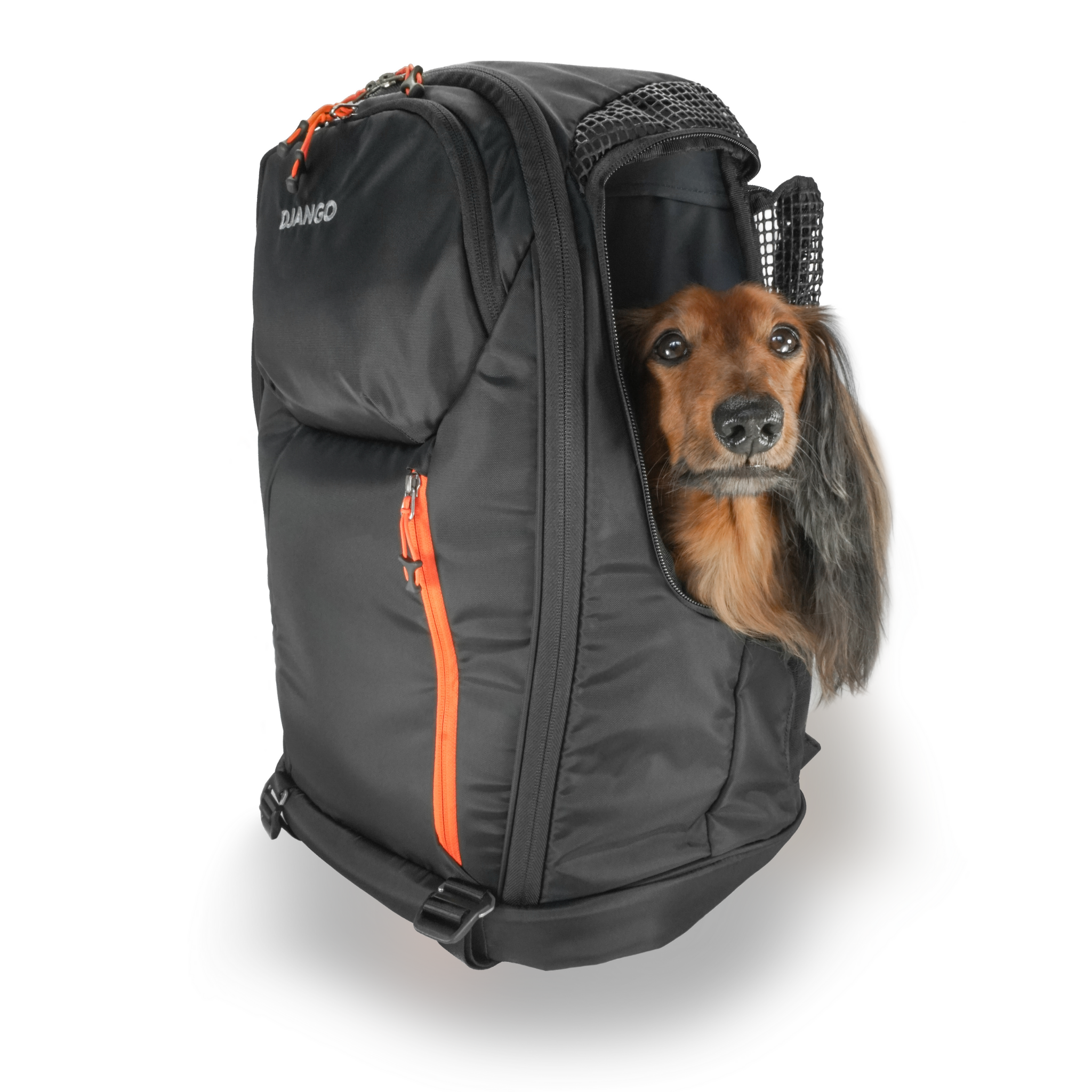 The DjangoPack™ Dog Carrier Backpack is a modern, trail-tested, and spacious pet carrier backpack designed to comfortably hold dogs and cats up to 20 lbs. Pet-friendly features include large mesh panels, dual side windows that secure back, and a sturdy pet bed. Premium YKK locking zippers and a backpack-to-harness leash ensure your pet’s safety and security.