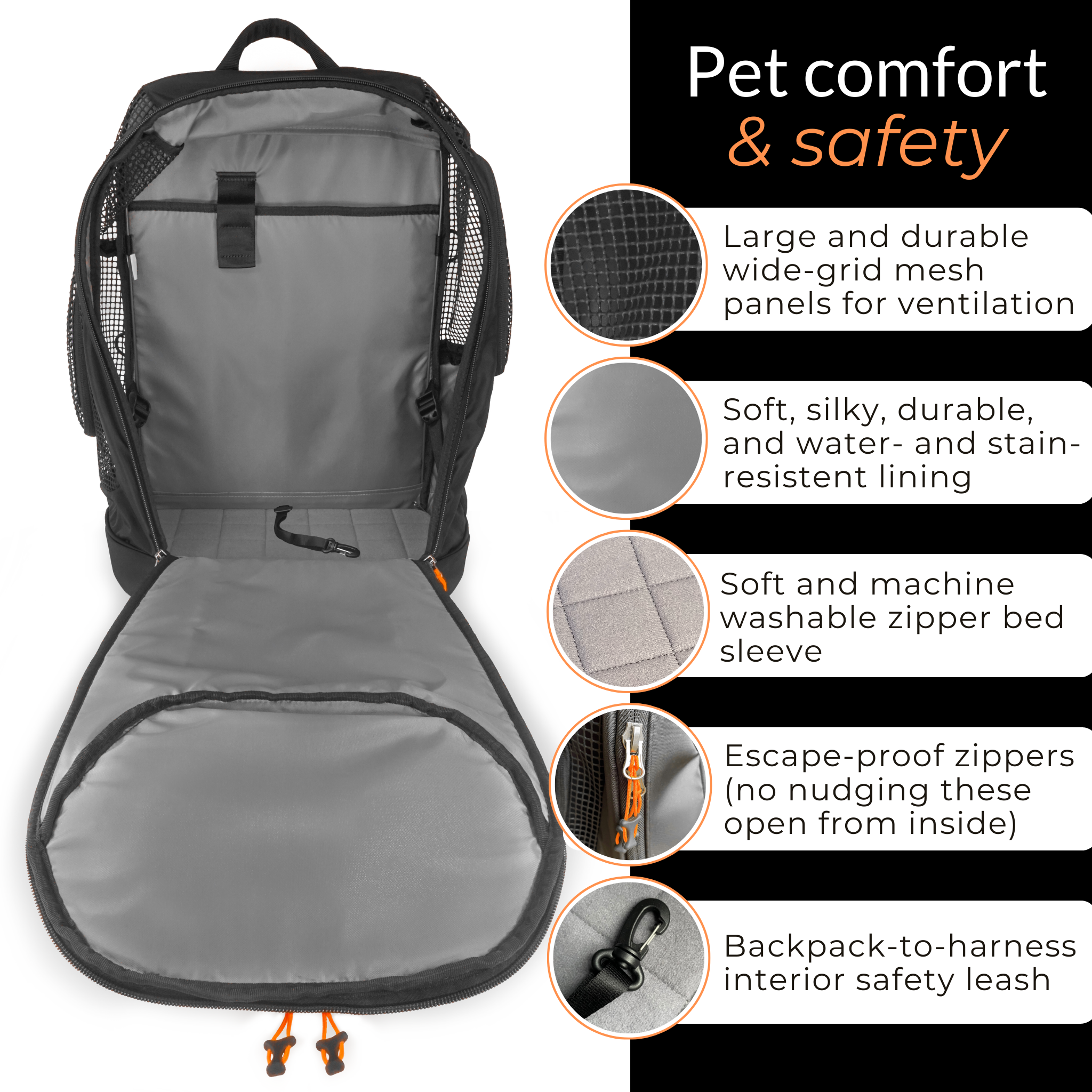 This DJANGO dog carrier backpack includes many pet-friendly features including large wide-grid mesh panels for ventilation and cross breeze, dual side windows that secure back for additional headroom and visability, and a sturdy and comfortable pet bed. Premium YKK locking zippers and a backpack-to-harness leash ensure your pet’s safety and security.