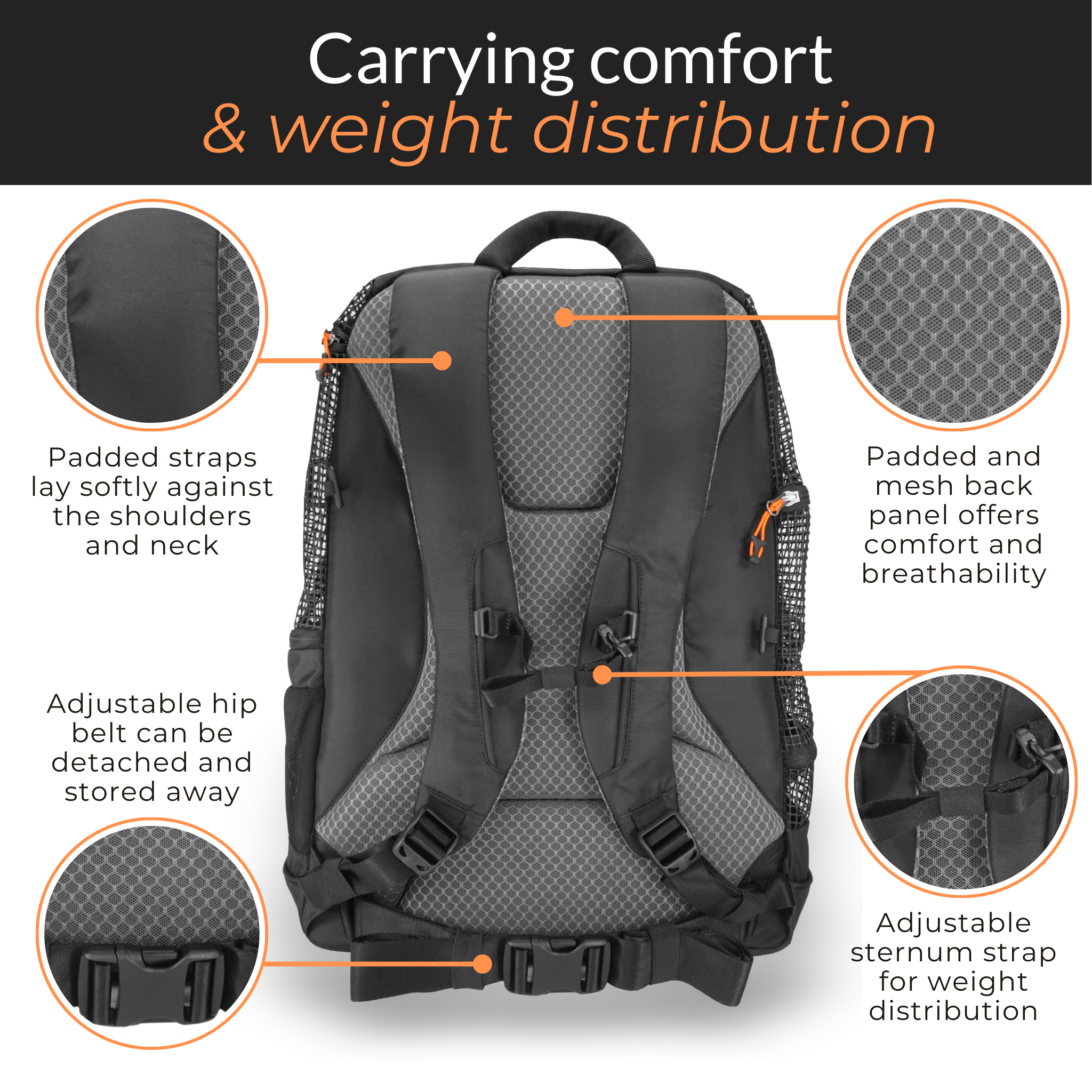 The DjangoPack Dog Carrier Backpack is designed to maximize carrying comfort. Padded mesh shoulder straps, a breathable back panel, and adjustable waist and sternum straps ensure easy carrying, while two large zipper pockets and rear loading straps allow extra storage.