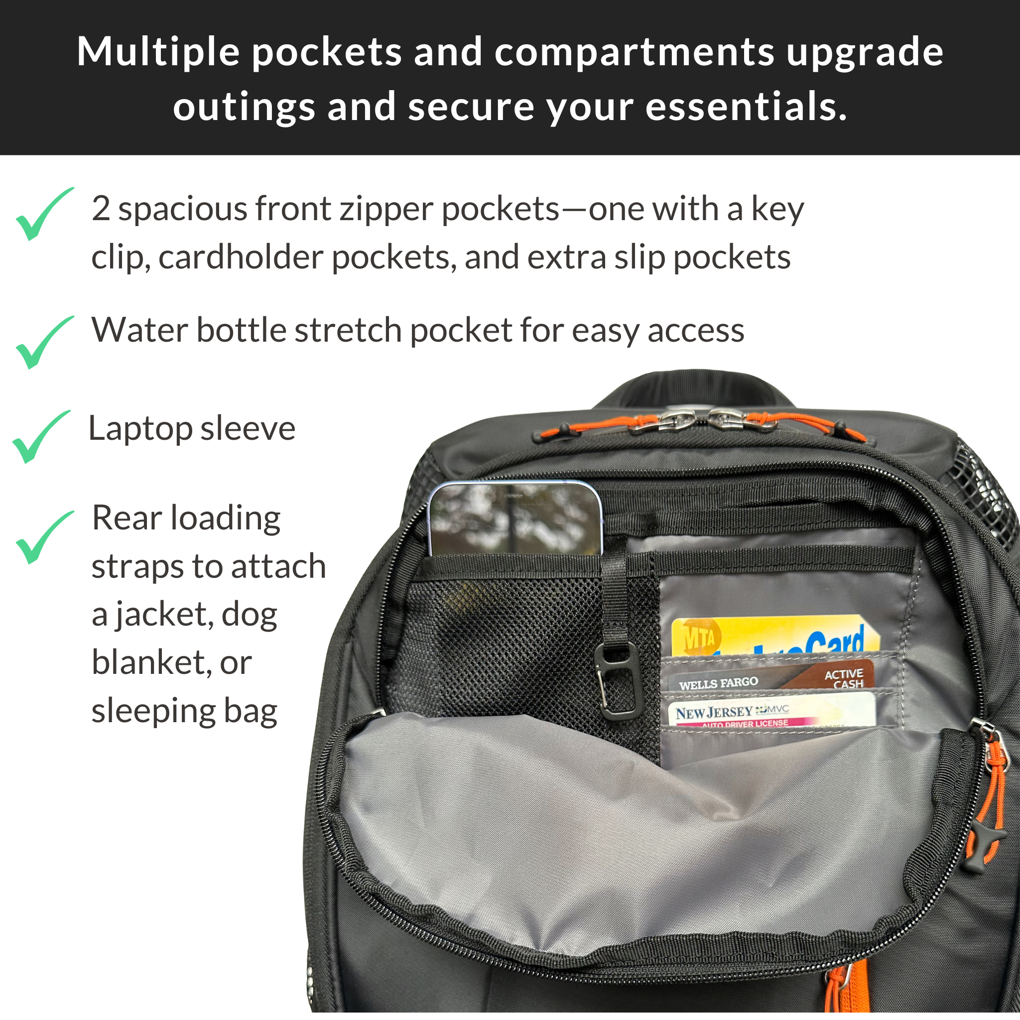 In addition to comfort and pet safety, DJANGO's pet backpack carrier is designed for functionality and storage. 2 spacious zipper front pockets, one with a key clip and cardholder pockets, secure essentials. Customers also love the exterior water bottle stretch pocket for easy access, laptop storage sleeve, and rear loading straps with allow the attachment of a jacket, dog blanket, or sleeping bag.