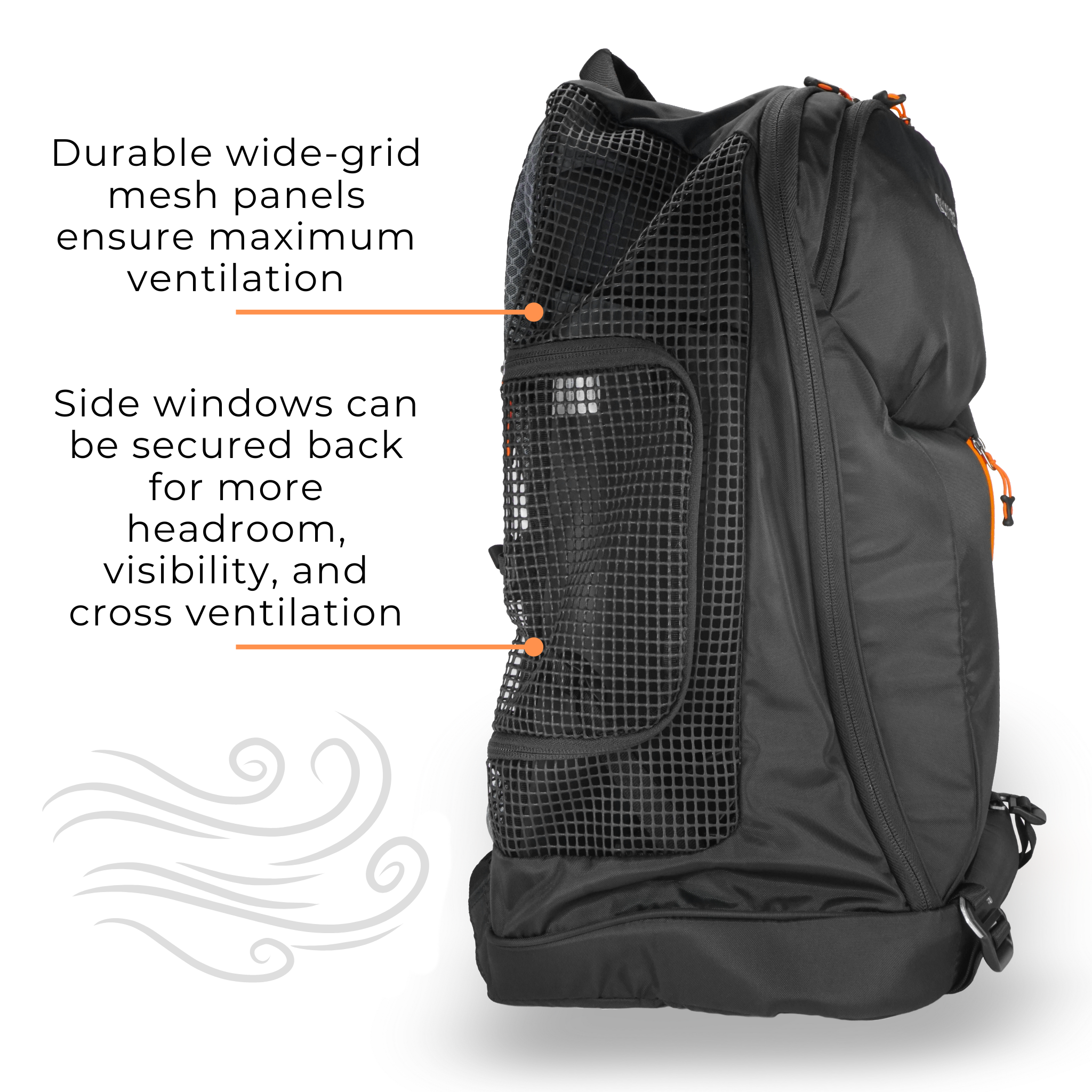 DJANGO's dog backpack carrier provides ample ventilation for four-legged family. Two very large, wide grid coated mesh panels allow max airflow and ensure pets stay comfortable and happy on every adventure.