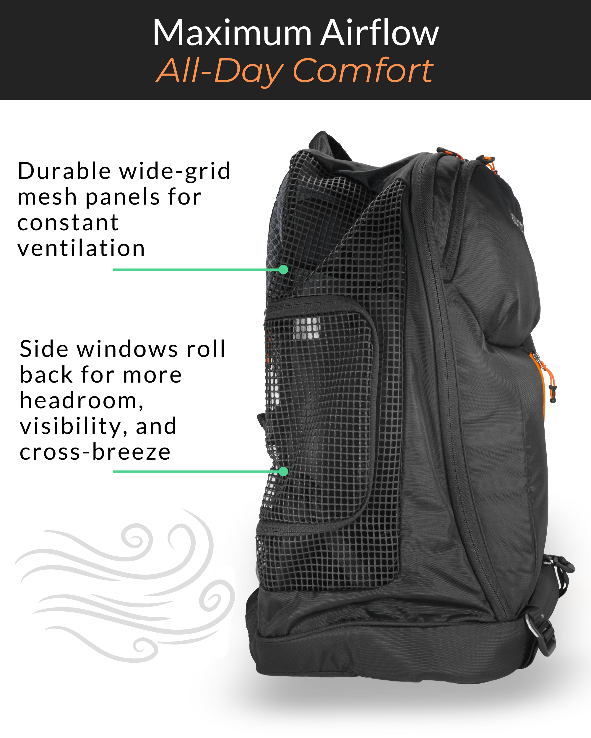 Side view of DJANGO dog carrier backpack with wide-grid mesh ventilation and roll-back windows for airflow, visibility, and comfort — best dog backpack for travel and hiking
