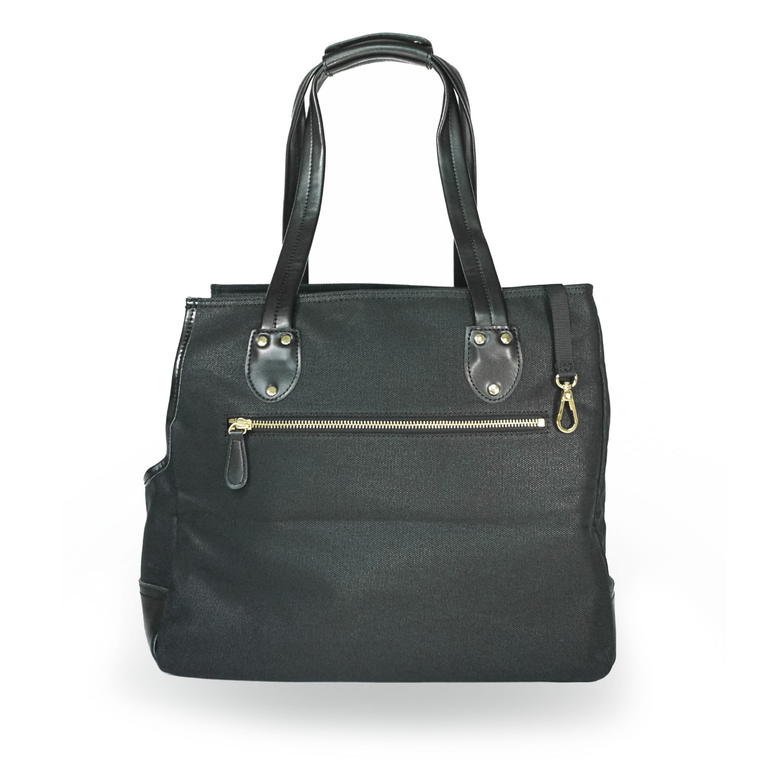 Black dog carrier tote handbag with gold zipper pocket on a white background