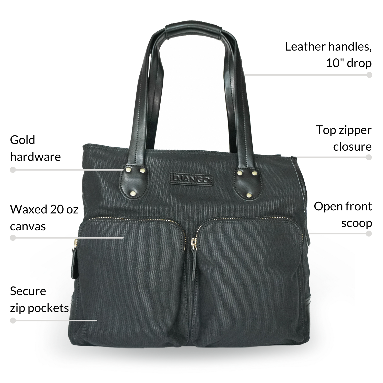 Black dog carrier tote bag with features labeled on a white background