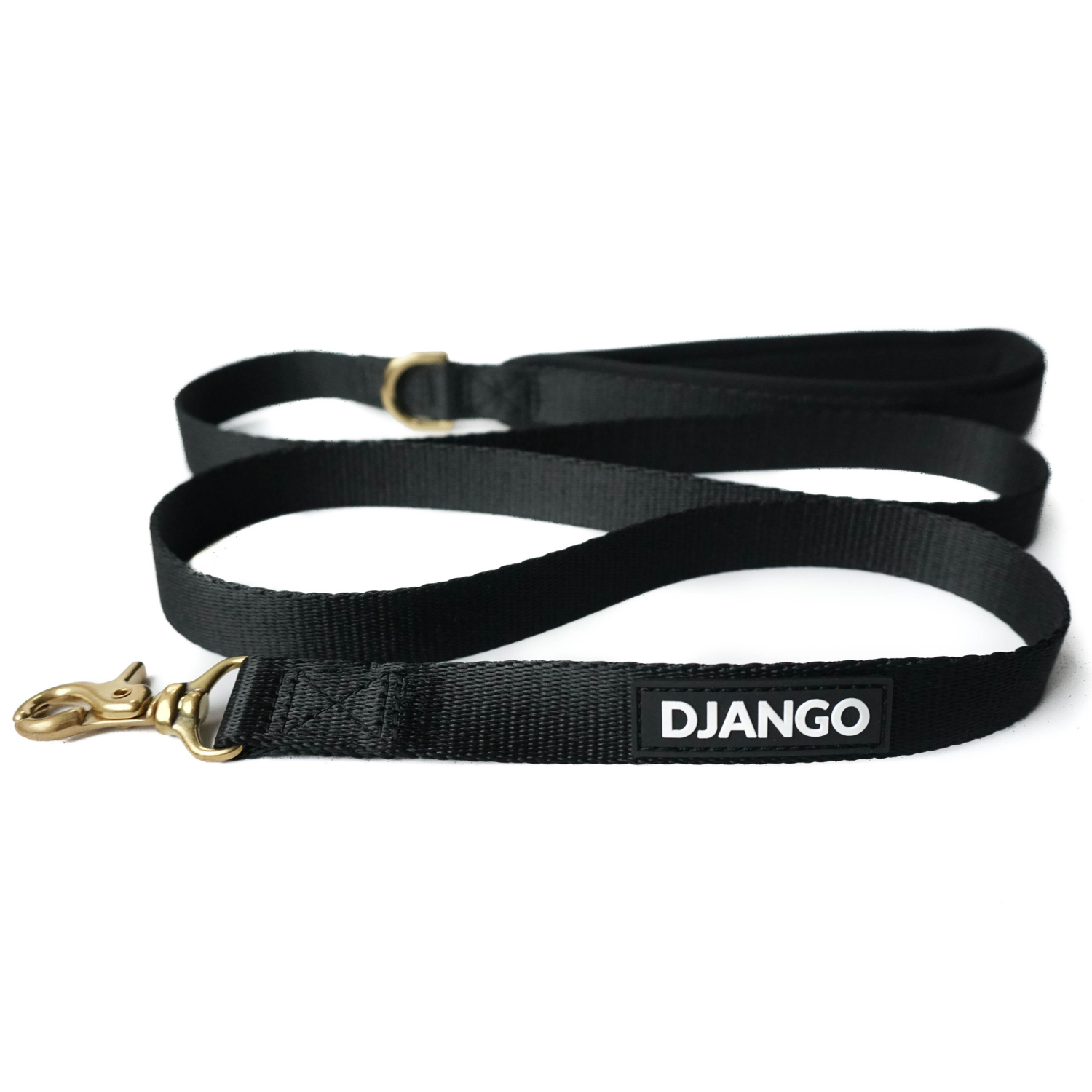 Black dog leash with 'DJANGO' branding on a white background