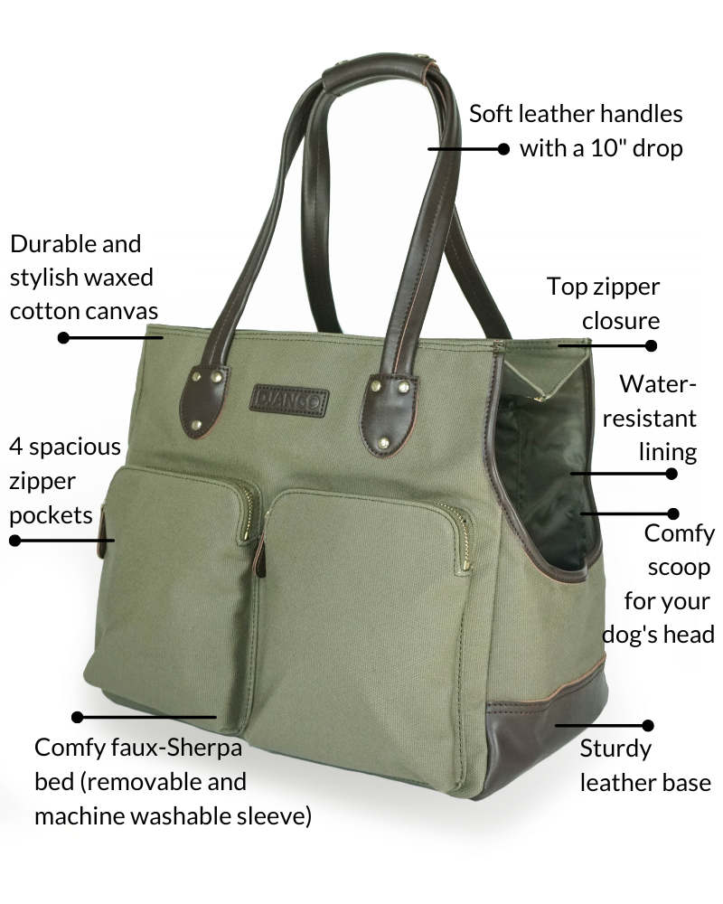 Features of DJANGO's waxed canvas pet carrier tote bag included 4 spacious zipper pockets, beautiful leather trims, and a bag-to-harness safety leash