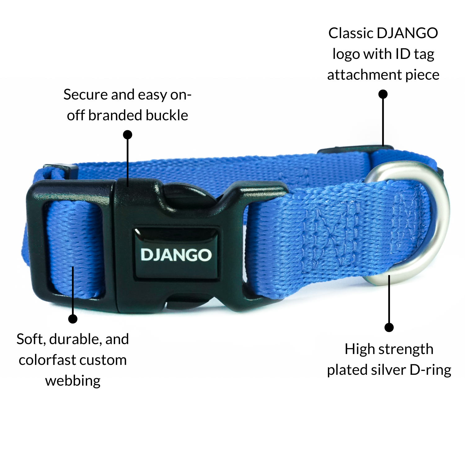 DJANGO Tahoe Dog Collar in Alpine Blue - Key features include soft and durable custom webbing, a heavy duty plated silver D-ring, a secure and easy on-off side release buckle, and DJANGO's classic logo. - djangobrand.com