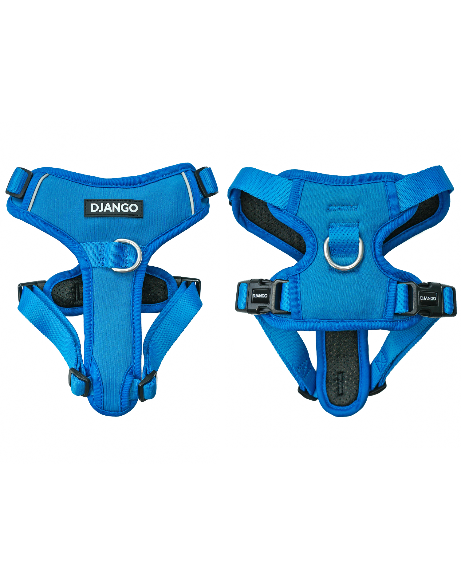 DJANGO Tahoe No Pull Dog Harness in Alpine Blue - Key features include a weather-resistant and padded neoprene exterior, a narrow and deep harness body (to prevent the risk of chafing) reflective piping, and soft webbing. Maisey is a miniature poodle and bichon mix and wears size small in all DJANGO dog harnesses. - djangobrand.com