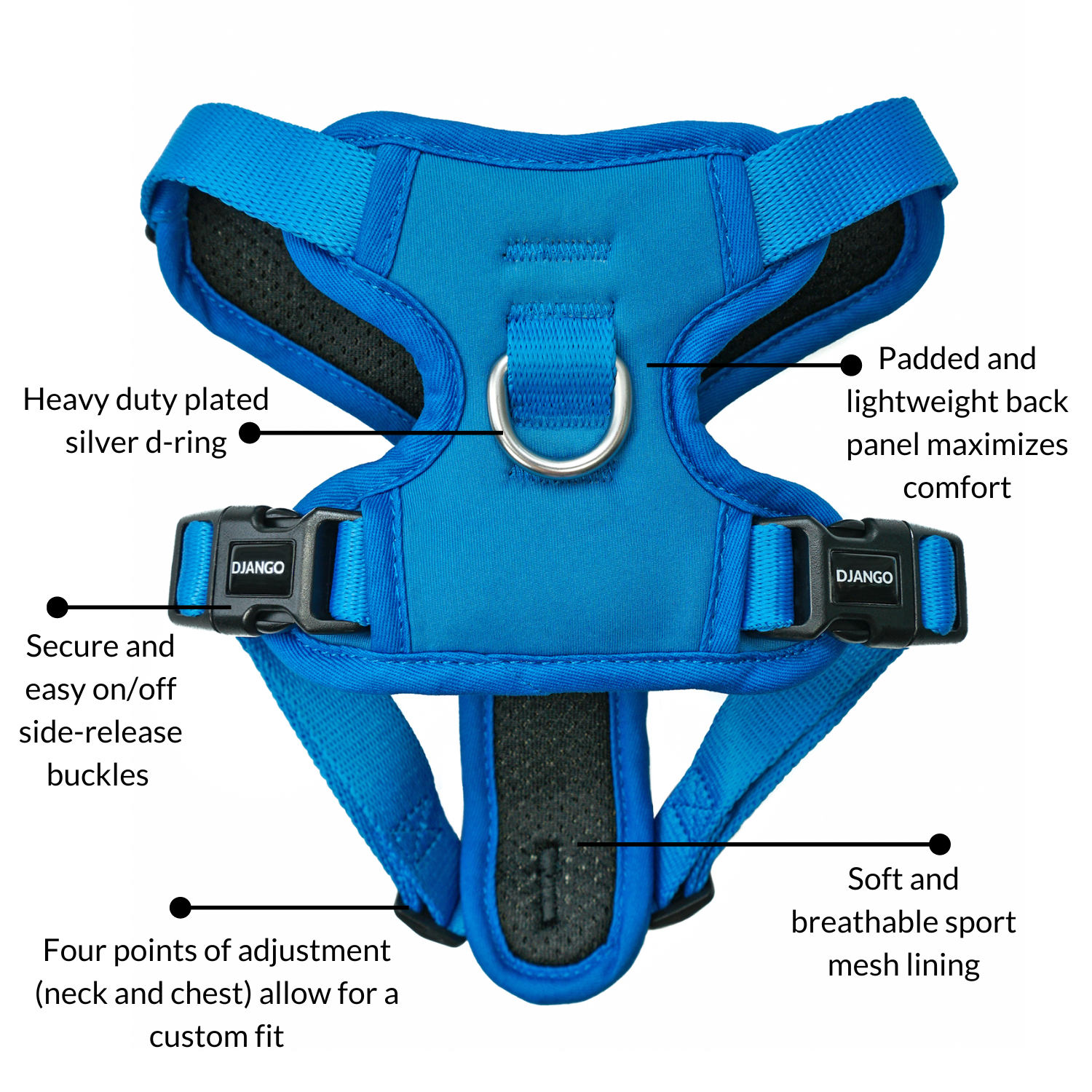DJANGO Tahoe No Pull Dog Harness in Alpine Blue - Additional features include a padded and lightweight back panel for added comfort, soft and breathable mesh lining, four points of adjustment, secure and easy on/off buckles, and heavy duty plated silver hardware. - djangobrand.com
