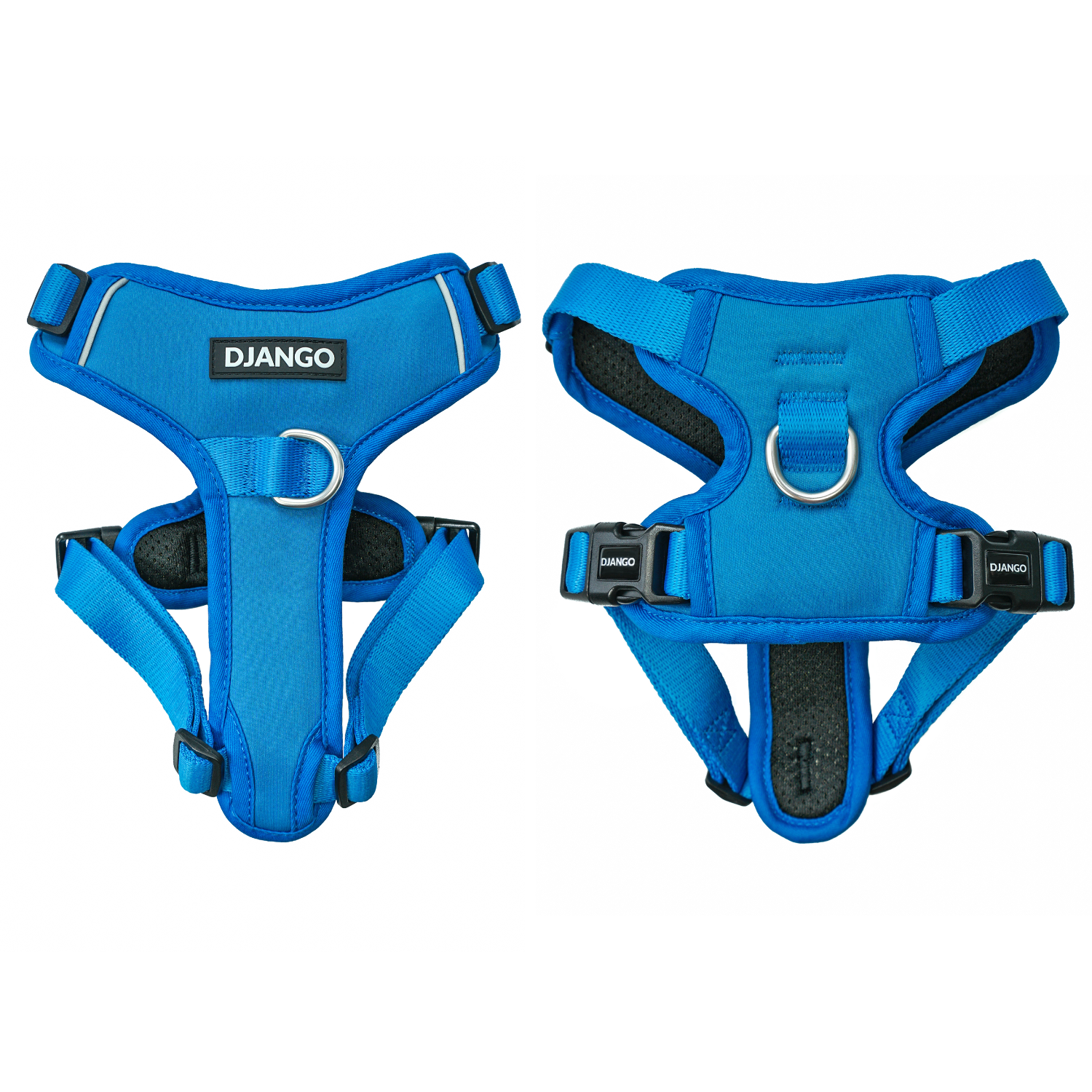 DJANGO Tahoe No Pull Dog Harness in Alpine Blue - Key features include a weather-resistant and padded neoprene exterior, a narrow and deep harness body (to prevent the risk of chafing) reflective piping, and soft webbing. Maisey is a miniature poodle and bichon mix and wears size small in all DJANGO dog harnesses. - djangobrand.com