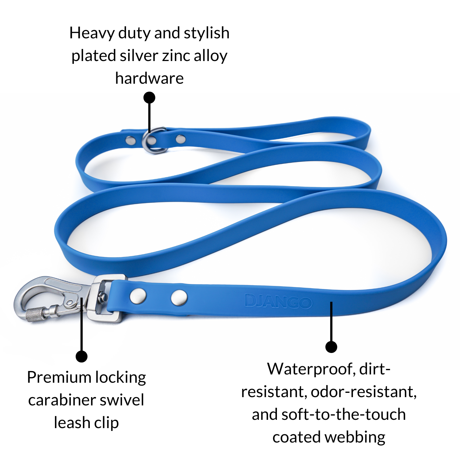 DJANGO Tahoe Dog Leash in Alpine Blue - The waterproof dog leash features heavy duty and stylish plated silver hardware and a premium locking carabiner leash clip for extra security - djangobrand.com