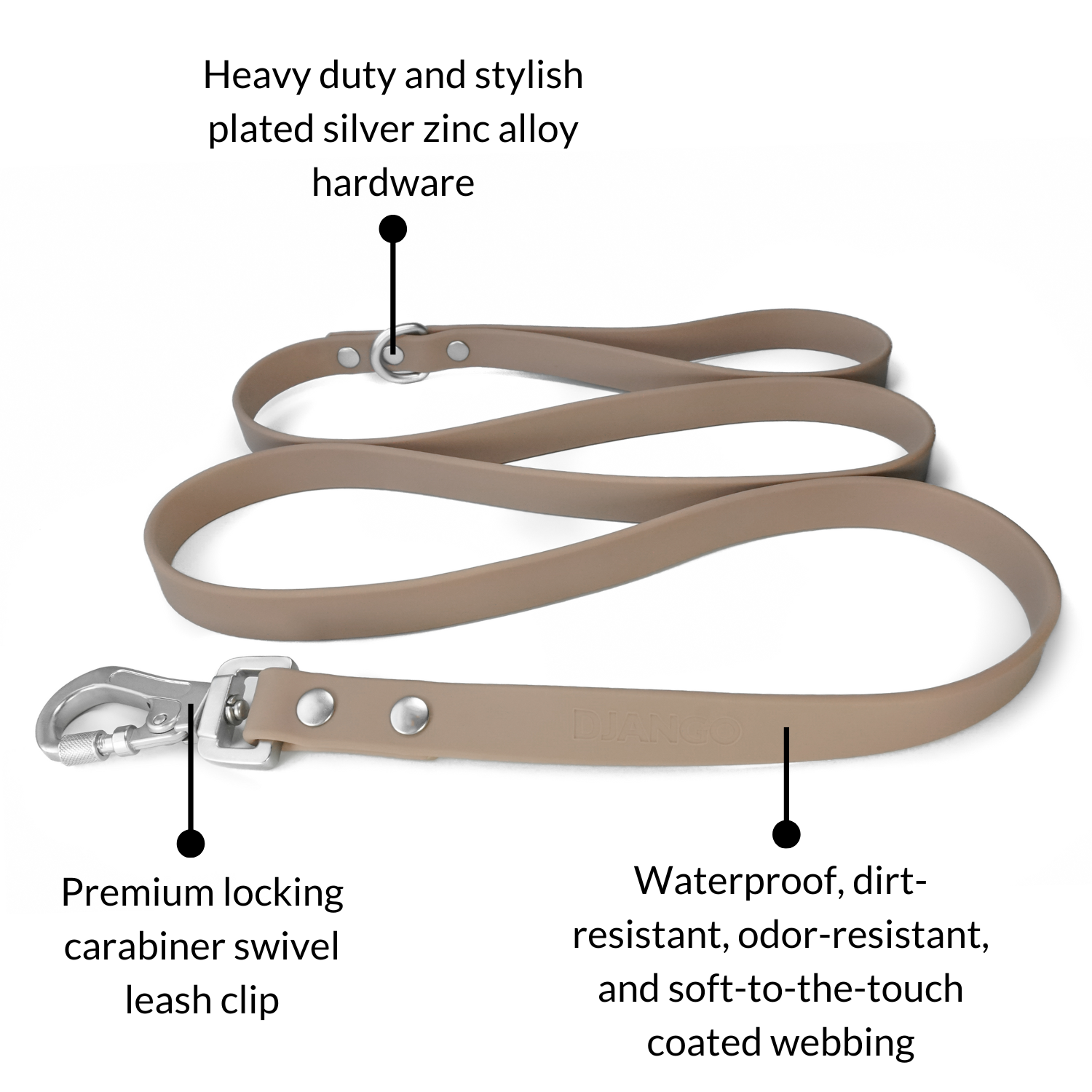 DJANGO Tahoe Dog Leash in Sandy Beige - The waterproof dog leash features heavy duty and stylish plated silver hardware and a premium locking carabiner leash clip for extra security - djangobrand.com