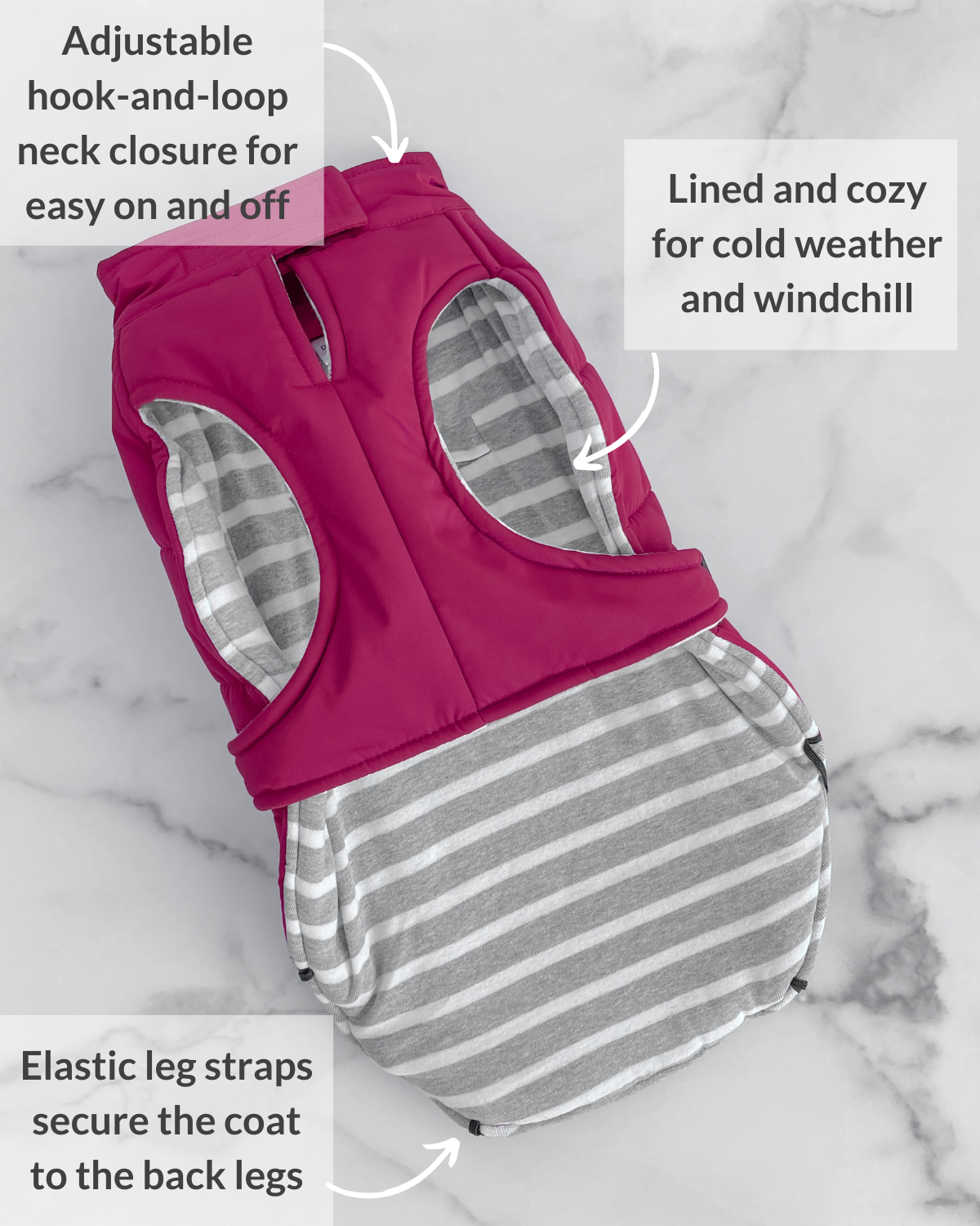 DJANGO's Whistler Winter Dog Coat is the best cold weather and winter dog parka. This best winter dog jacket features an adjustable neck velcro closure and chest strap, elastic leg bands, and a super soft interior lining - djangobrand.com