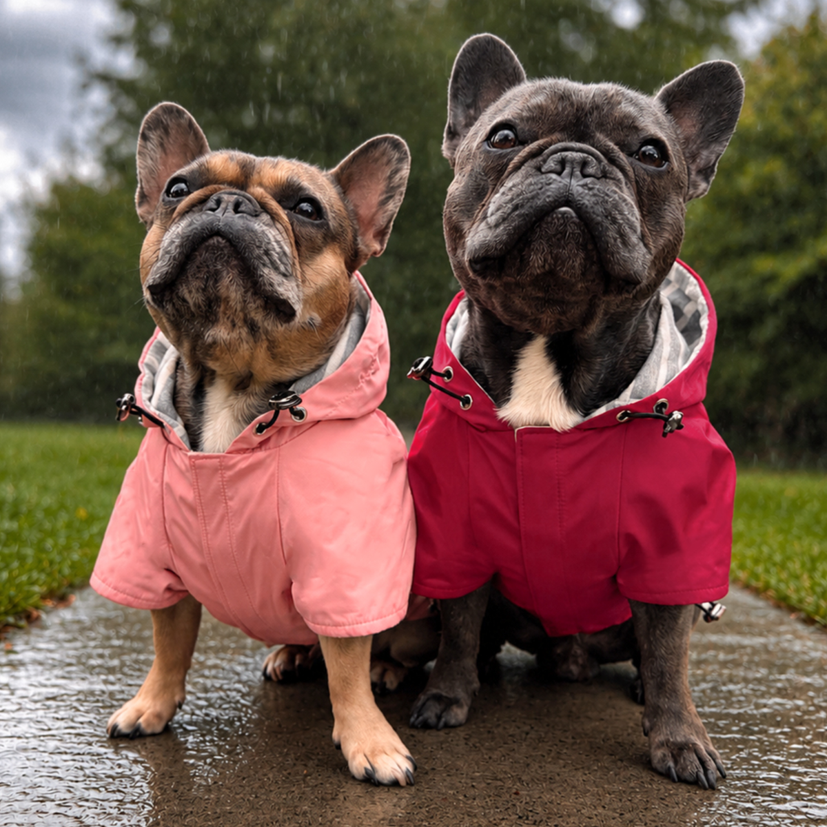 Two French bulldogs wearing matching pink and red hooded raincoats for dogs with adjustable toggles and sleeves while sitting on wet sidewalk outside with rain coming down over them and in background