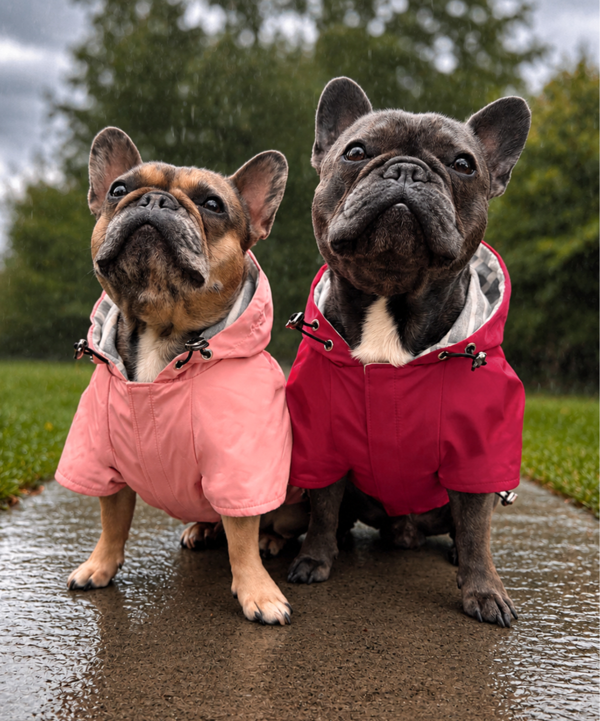 French Bulldogs wearing matching hooded raincoats for dogs while outside walking in rain and cloudy weather