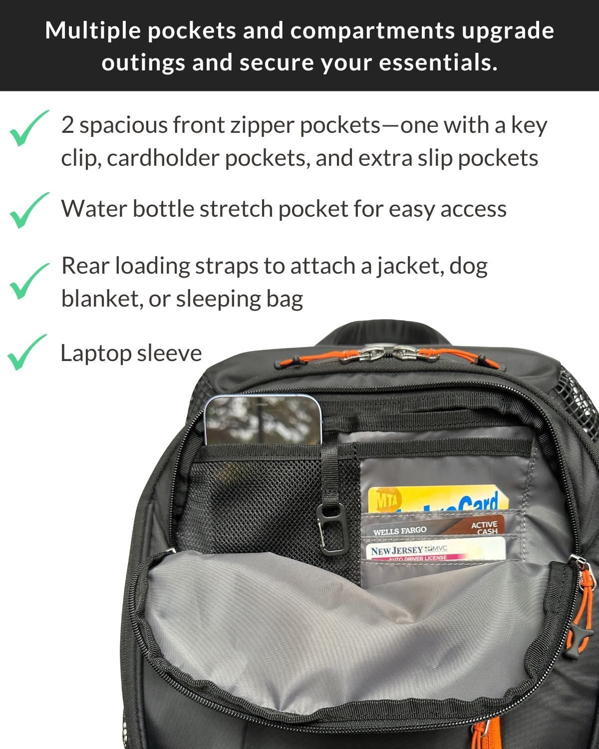 This dog backpack carrier for hiking features several secure zipper pockets and storage features that upgrade adventures. The pet backpack carrier hiking has 2 spacious zipper front pockets, one with a key clip and cardholder pockets, and a water bottle stretch pocket for easy access. This hiking backpack carrier for dogs also has a laptop sleeve and rear loading straps which allow the attachment of a jacket, dog blanket, or sleeping bag.