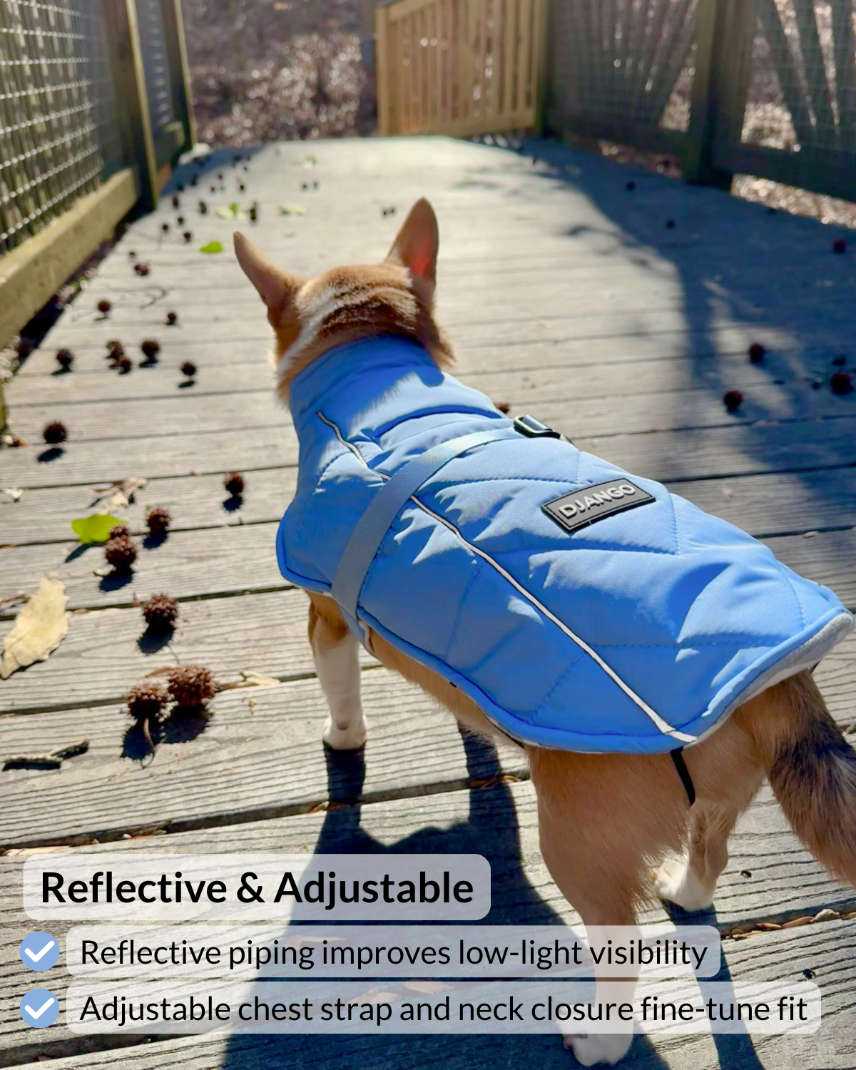 Close-up of reflective piping and the adjustable chest strap and buckle on the Dusk Blue Whistler Winter Dog Coat
