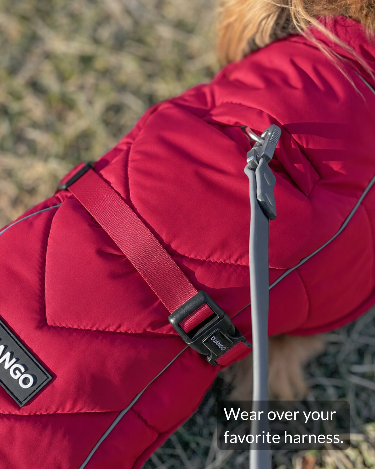 Covered leash portal on the Firelight Red Whistler dog coat providing access to a harness worn underneath