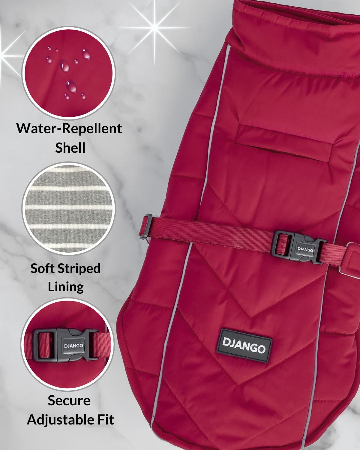 Firelight Red Whistler dog coat showing its water-repellent windproof shell, soft cotton lining, reflective piping and adjustable chest buckle