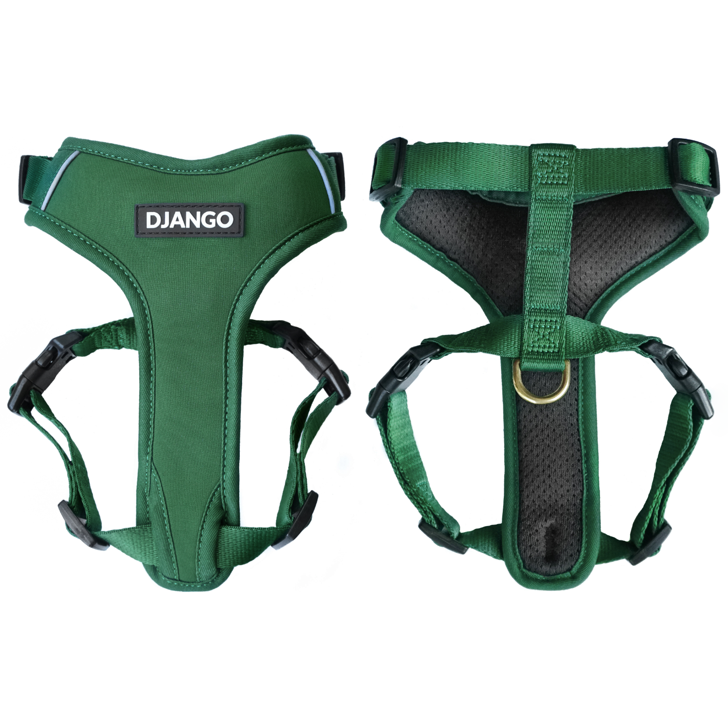 DJANGO Adventure Cat Harness in Forest Green shown from the front and back.
