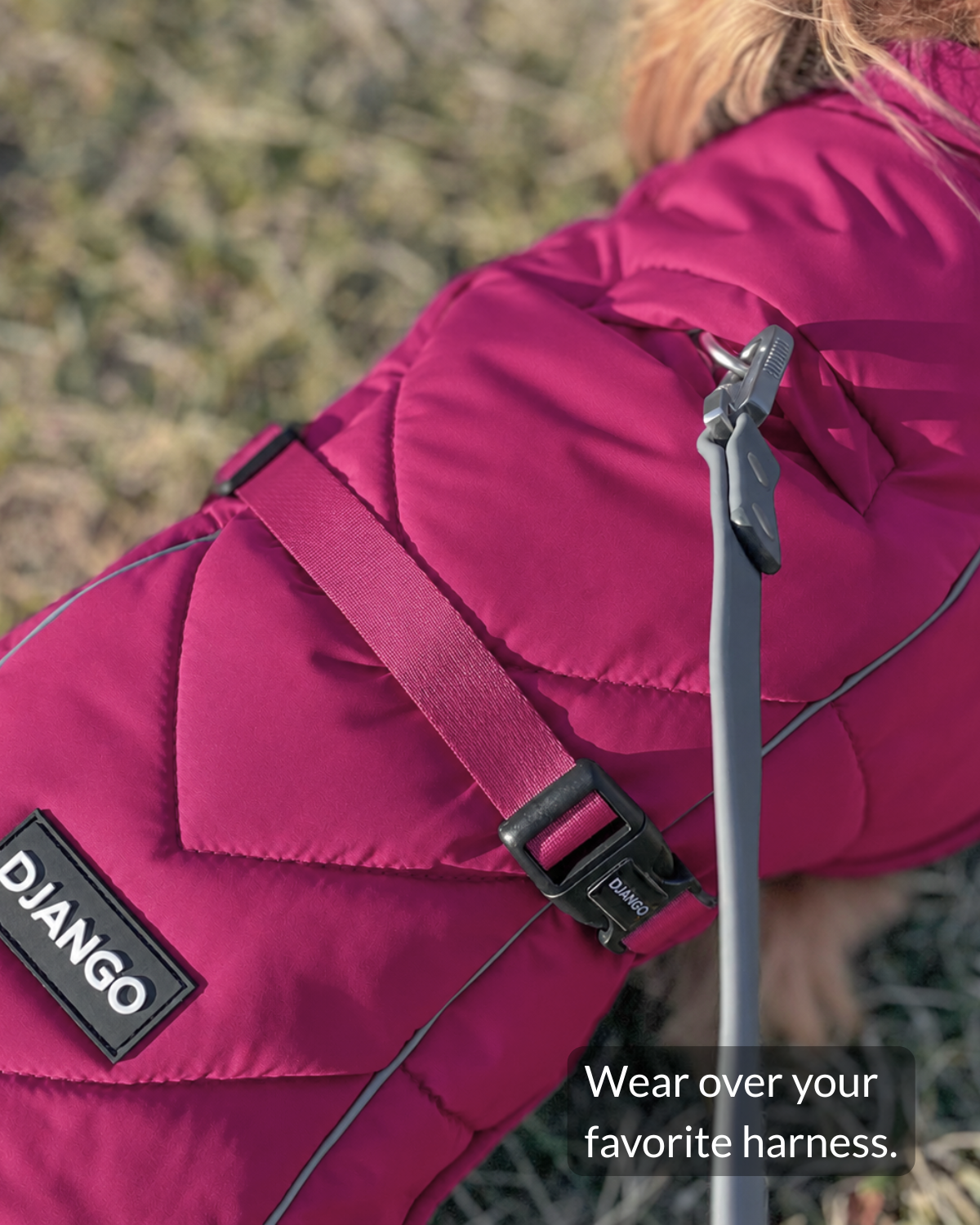 Covered leash portal on the Hibiscus Pink Whistler dog coat providing access to a harness worn underneath