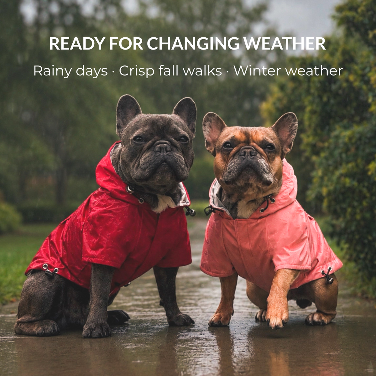 French Bulldogs wearing Quartz Pink and Crimson Red Highland Dog Jackets during a rainy walk in changing fall and winter weather