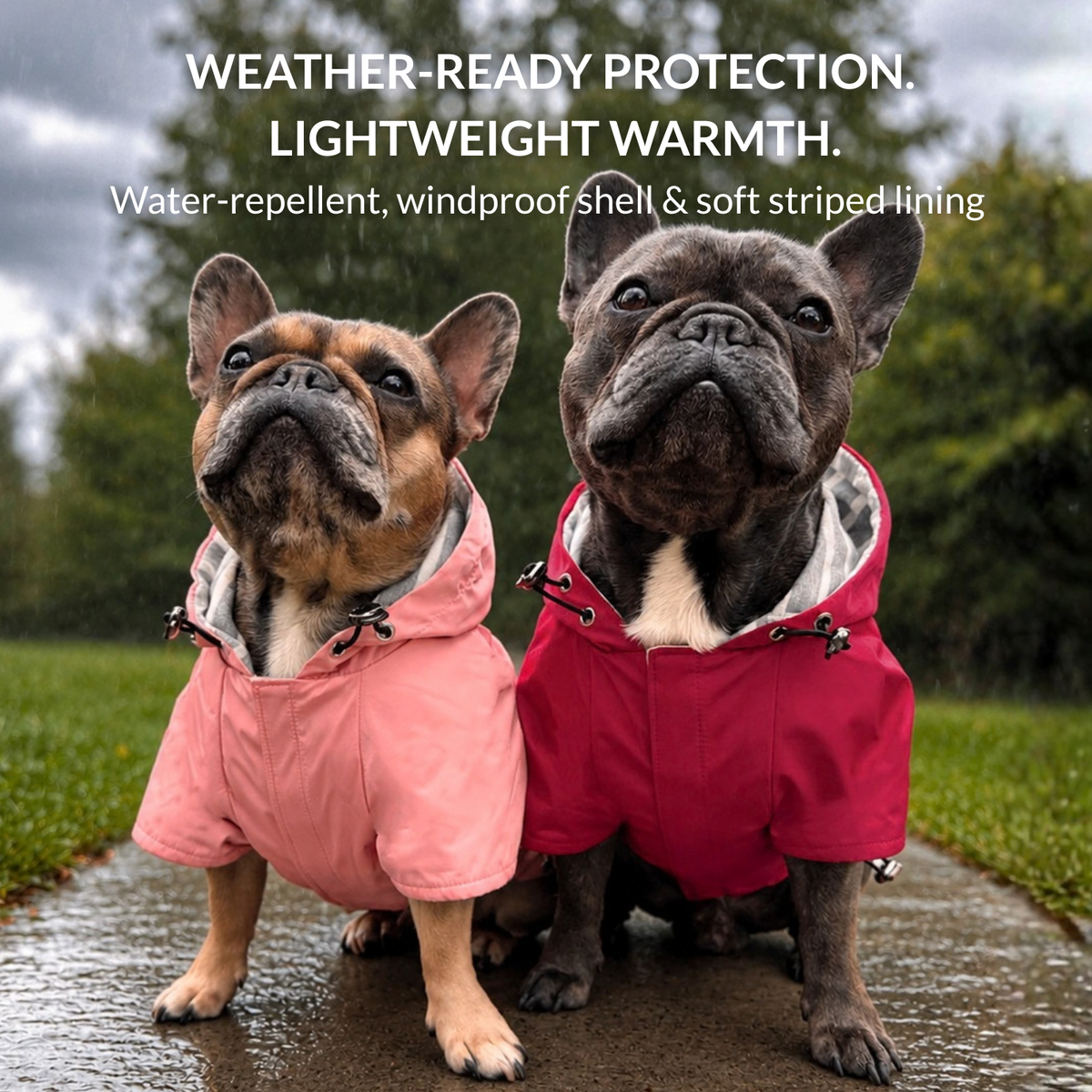 French Bulldogs wearing Quartz Pink and Crimson Red Highland Dog Jackets for water-repellent, windproof protection and lightweight warmth