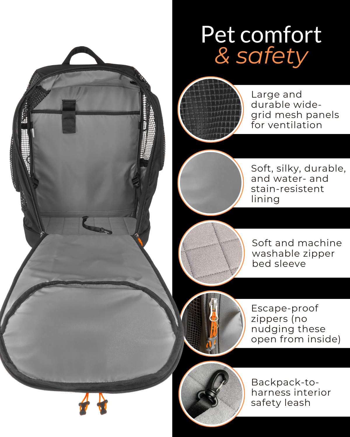 This DJANGO dog carrier backpack includes many pet-friendly features including large wide-grid mesh panels for ventilation and cross breeze, dual side windows that secure back for additional headroom and visability, and a sturdy and comfortable pet bed. Premium YKK locking zippers and a backpack-to-harness leash ensure your pet’s safety and security.